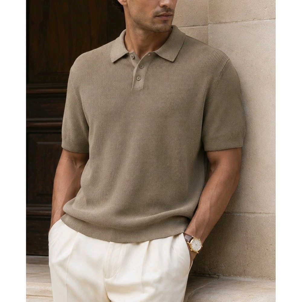 NWT DKNY Men's Sweater Polo Small Cream 100% Cotton Knit Short Sleeve